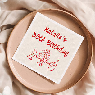 Thirty Retro Hand Drawn Cake Champagne Birthday Napkins