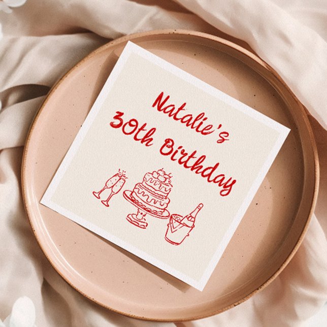Thirty Retro Hand Drawn Cake Champagne Birthday Napkins (Creator Uploaded)