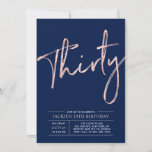 Thirty | Rose Gold & Blue 30th Birthday Party Invitation<br><div class="desc">Celebrate your special day with this stylish rose gold & black 30th birthday party invitation. This design features a chic rose gold brush script " Thirty" with a clean layout on a navy blue background color. Matching party supplies are available at my shop BaraBomDesign.</div>