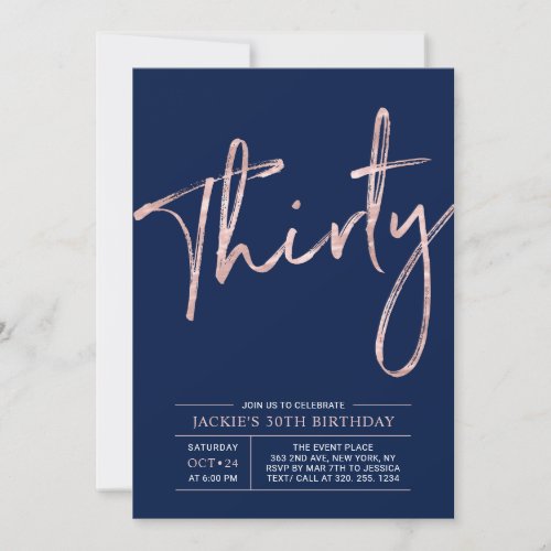 Thirty  Rose Gold  Blue 30th Birthday Party Invitation