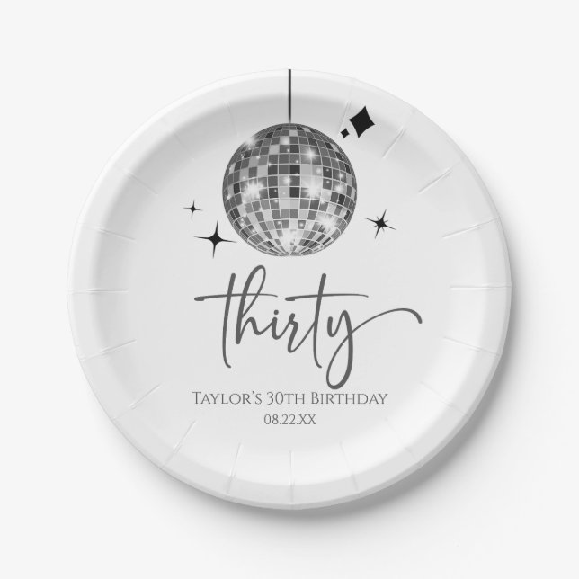 Thirty Silver Disco Ball 30th Birthday Party Paper Plates (Front)