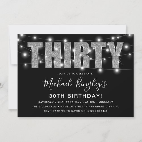 THIRTY  Silver Glitter Typography 30th Birthday Invitation