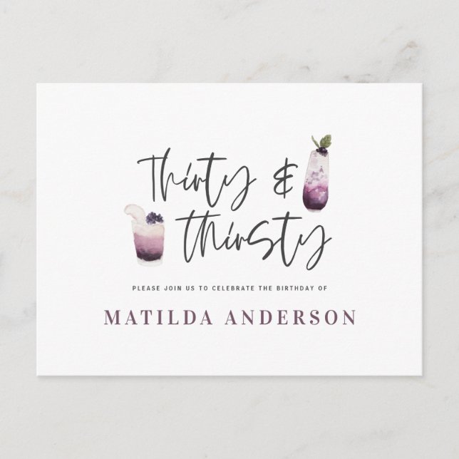 Thirty & thirsty thirtieth birthday invitation postcard (Front)
