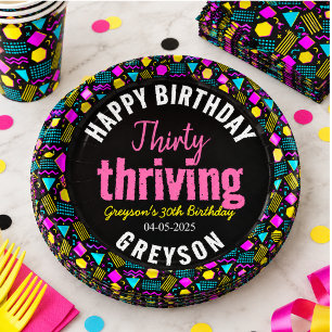 Thirty & Thriving Black and Retro 30th Birthday Paper Plates