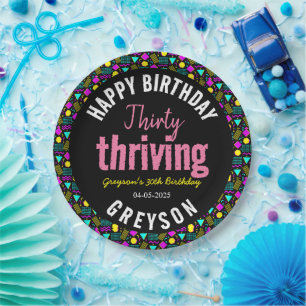 Thirty & Thriving Black and Retro 30th Birthday Paper Plates