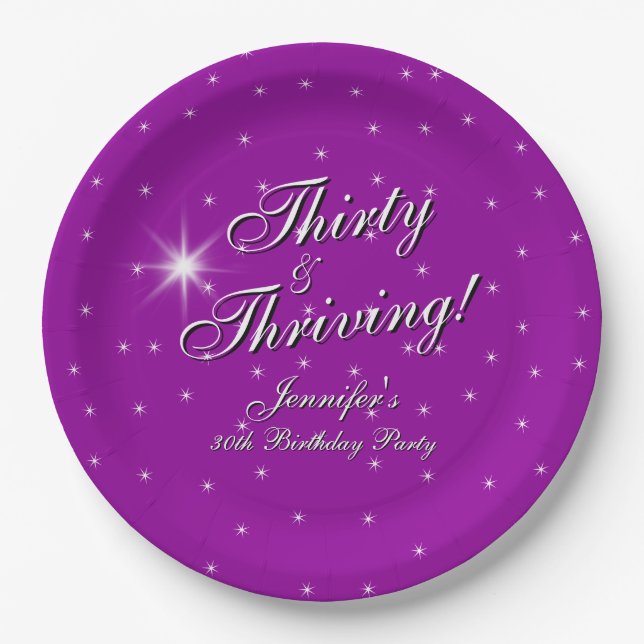 Thirty & Thriving, Pink Purple 30th Birthday 9" Paper Plates (Front)