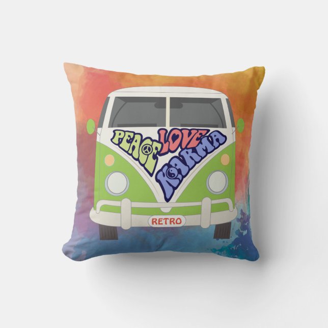 This 1970s vibe hippy van, Peace, Love & Karma Throw Pillow (Front)