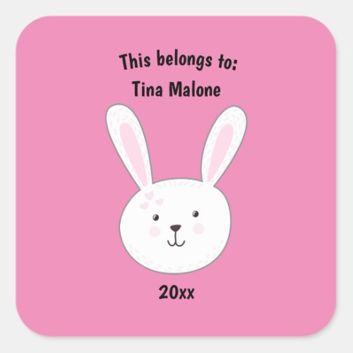 This Belongs to Back School Pink Cute Bunny Rabbit Square Sticker