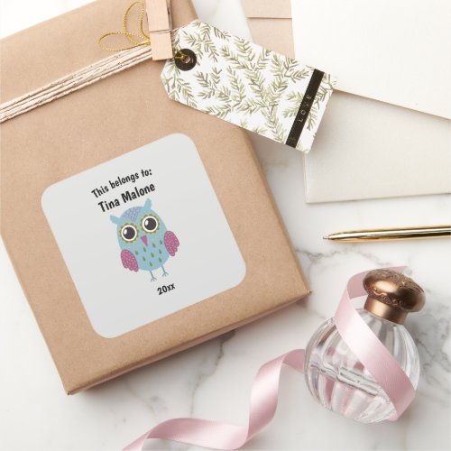 This Belongs to Back to School Blue Owl Gray Square Sticker