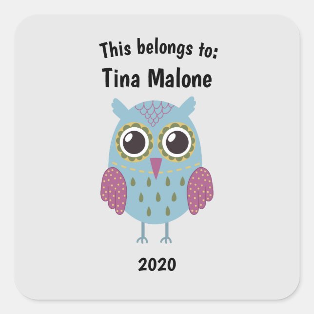 This Belongs to Back to School Blue Owl Gray Square Sticker (Front)