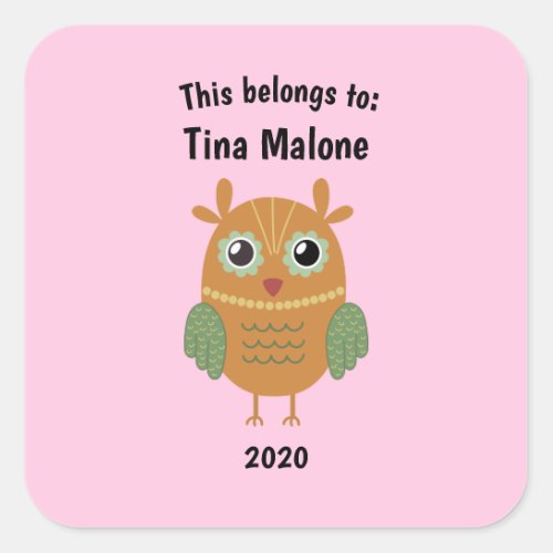 This Belongs to Back to School Brown Owl Pink Square Sticker