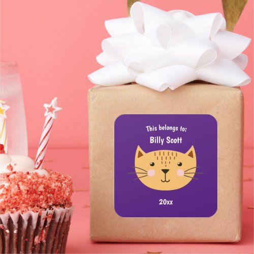 This Belongs to Back to School Cat Face Drk Purple Square Sticker