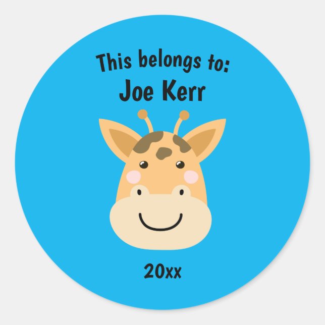 This Belongs to Back to School Cute Giraffe Blue Classic Round Sticker (Front)