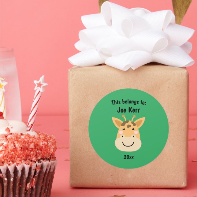 This Belongs to Back to School Cute Giraffe Green Classic Round Sticker (Party)