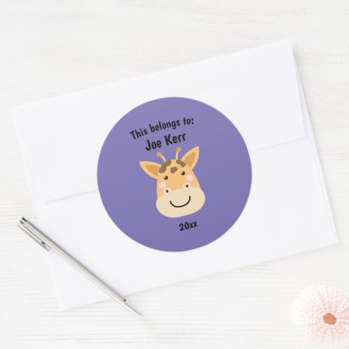 This Belongs to Back to School Cute Giraffe Purple Classic Round Sticker