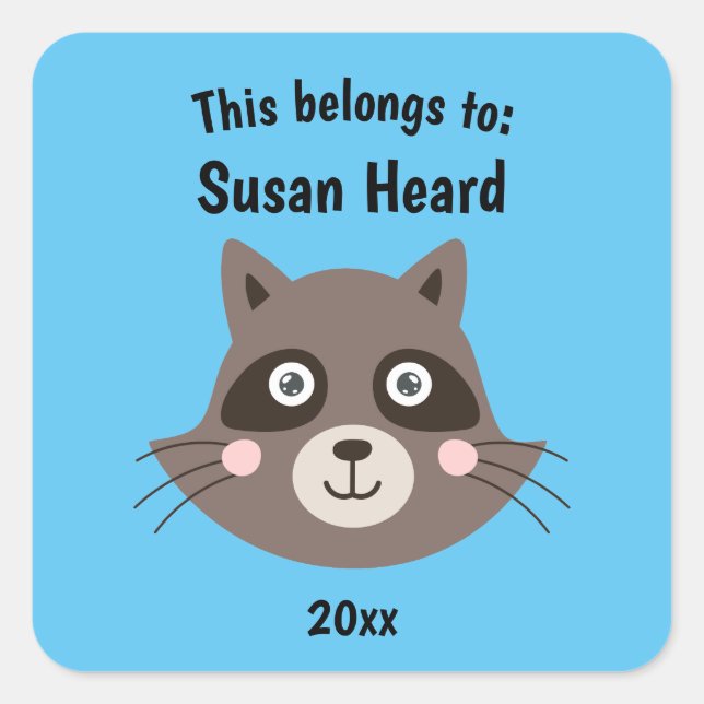 This Belongs to Back to School Cute Raccoon Blue Square Sticker (Front)