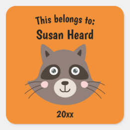 This Belongs to Back to School Cute Raccoon Orange Square Sticker