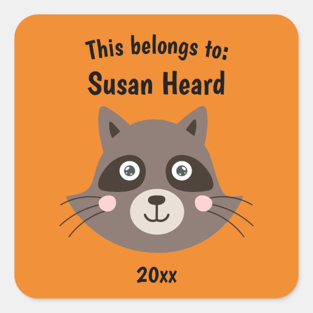 This Belongs to Back to School Cute Raccoon Orange Square Sticker (Front)