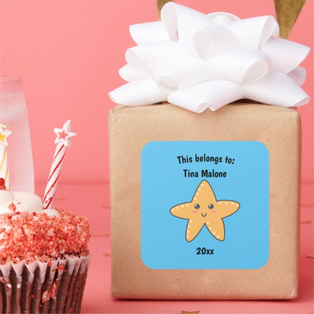 This Belongs to Back to School Cute Starfish Blue Square Sticker (Party)