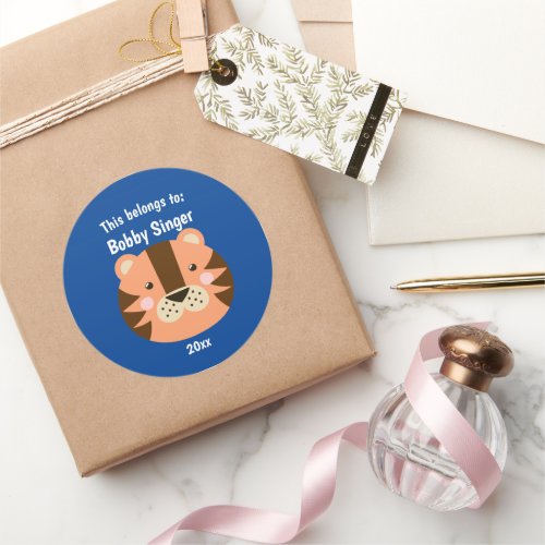 This Belongs to Back to School Cute Tiger Blue Classic Round Sticker