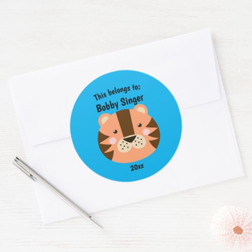 This Belongs to Back to School Cute Tiger Blue Classic Round Sticker