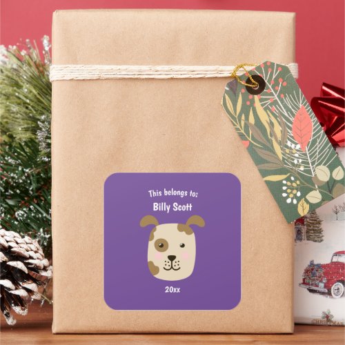 This Belongs to Back to School Dog Face Purple Square Sticker
