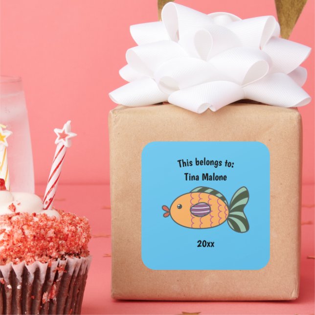 This Belongs to Back to School Fish Blue Square Sticker (Party)