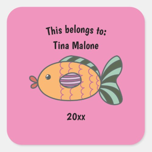 This Belongs to Back to School Fish Pink Square Sticker