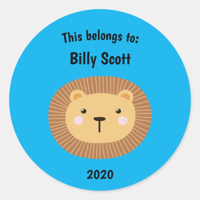 This Belongs to Back to School Lion Face Blue Classic Round Sticker (Front)