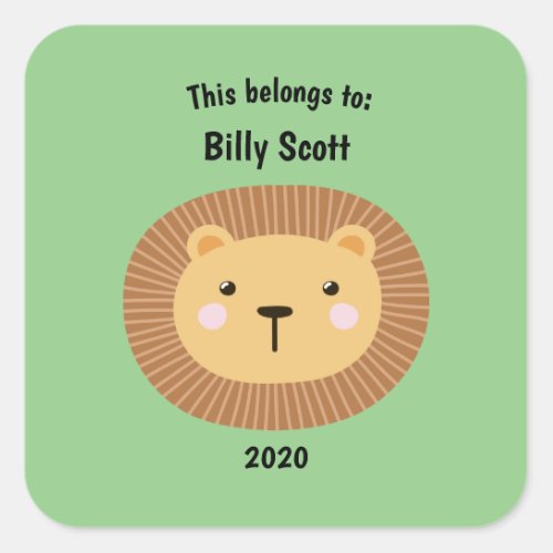 This Belongs to Back to School Lion Face Green Square Sticker