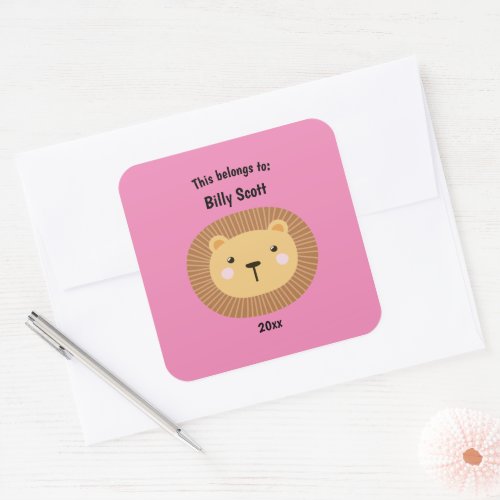 This Belongs to Back to School Lion Face Pink Square Sticker