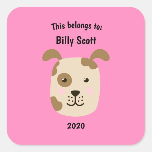 This Belongs to Back to School Puppy Dog Face Pink Square Sticker