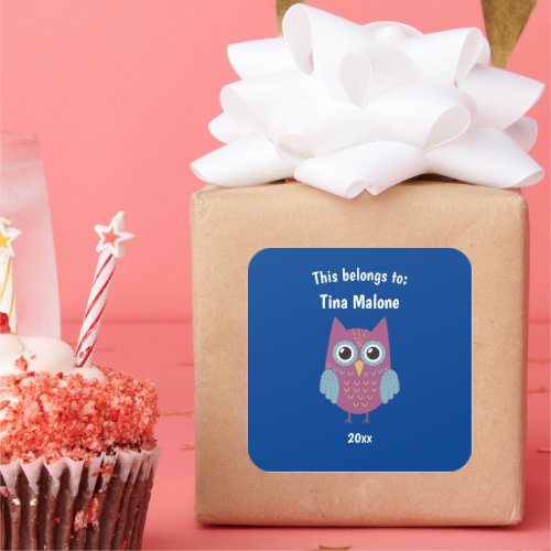 This Belongs to Back to School Purple Owl Blue Square Sticker