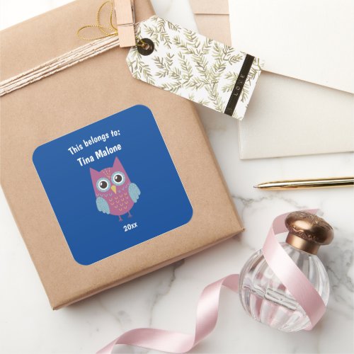 This Belongs to Back to School Purple Owl Blue Square Sticker