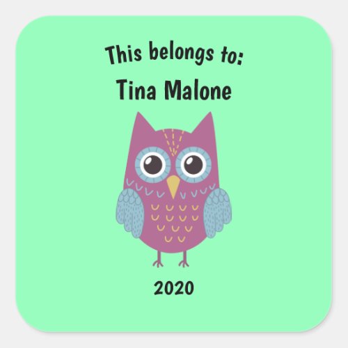 This Belongs to Back to School Purple Owl Green Square Sticker