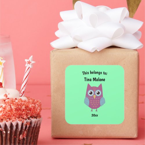 This Belongs to Back to School Purple Owl Green Square Sticker