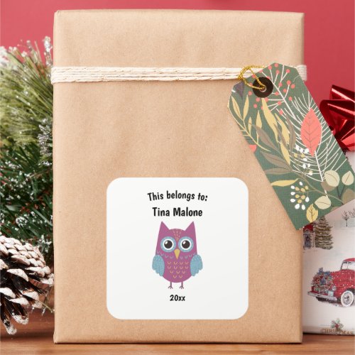 This Belongs to Back to School Purple Owl White Square Sticker
