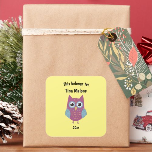 This Belongs to Back to School Purple Owl Yellow Square Sticker