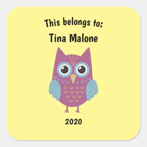 This Belongs to Back to School Purple Owl Yellow Square Sticker