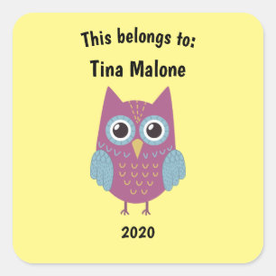This Belongs to Back to School Purple Owl Yellow Square Sticker