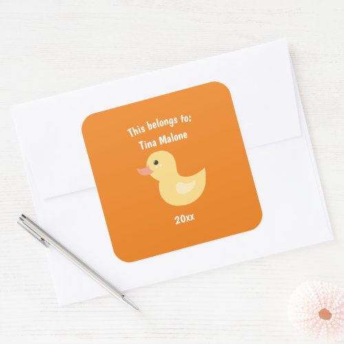 This Belongs to Back to School Rubber Duck Orange Square Sticker
