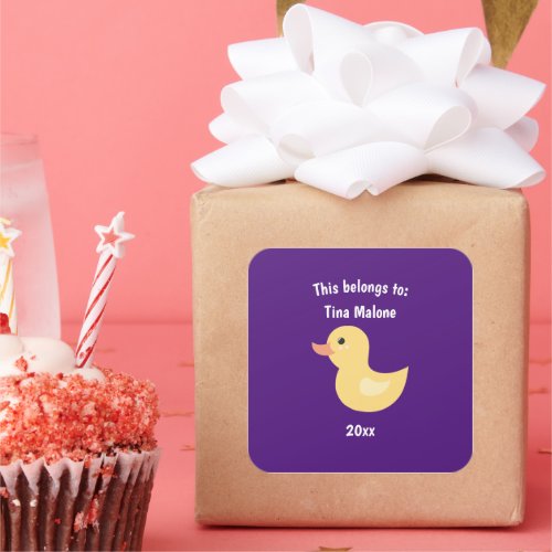 This Belongs to Back to School Rubber Duck Purple Square Sticker