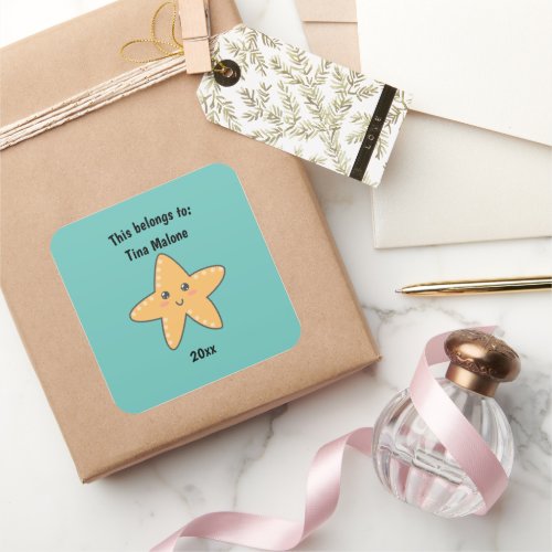 This Belongs to Back to School Starfish Turquoise Square Sticker