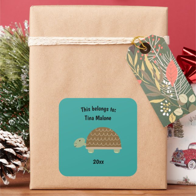 This Belongs to Back to School Turtle Turquoise Square Sticker (Holiday)