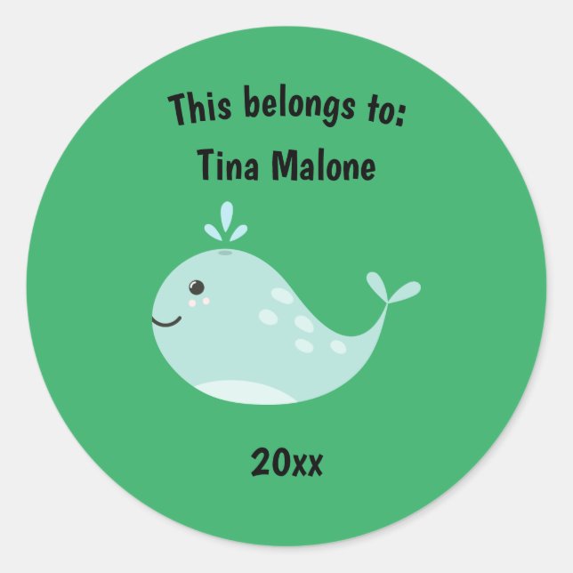 This Belongs to Back to School Whale Green Classic Round Sticker (Front)