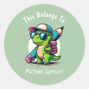 This Belongs To Cute Boys Dinosaur Green Classic Round Sticker