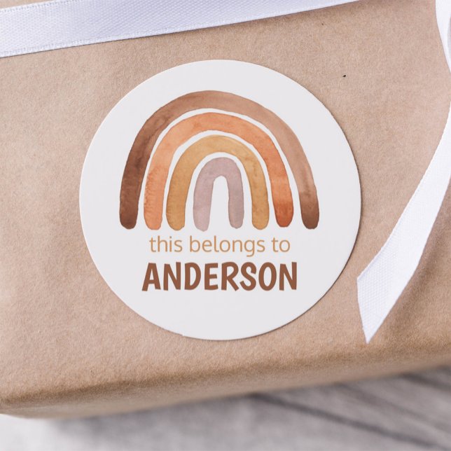  "This Belongs To..." Earthy Tone Rainbow Name  Classic Round Sticker (Creator Uploaded)