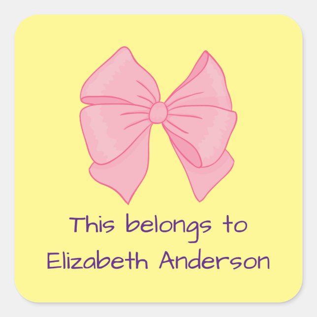 This Belongs to Girl's Name Bow Pink Yellow  Square Sticker (Front)