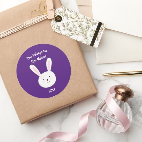 This Belongs to Name Bunny Rabbit Face Purple Classic Round Sticker