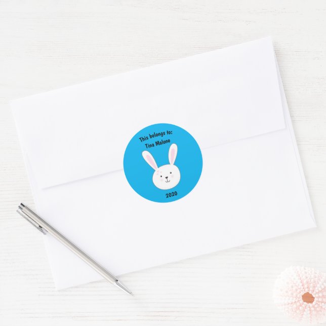 This Belongs to School Blue Adorable Bunny Rabbit Classic Round Sticker (Envelope)